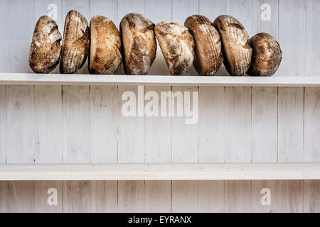 Varios tradicionalmente pan agrio en una panadería, Devon, Reino Unido Foto de stock
