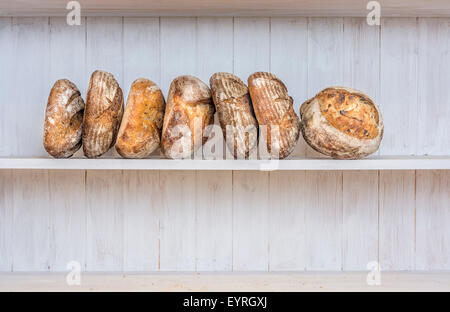 Varios tradicionalmente pan agrio en una panadería, Devon, Reino Unido