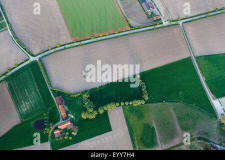 Vista aérea de la zona agrícola con campos, praderas y setos, Bélgica Foto de stock