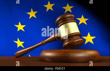 La legislación de la Unión Europea, la legislación y el Parlamento con un concepto 3D Render de un martillo sobre un escritorio de madera y la bandera de la UE. Foto de stock