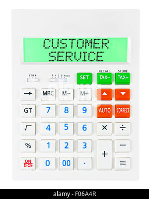 Calculadora con servicio al cliente en la pantalla aislado sobre fondo blanco. Foto de stock