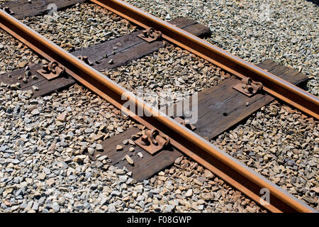 Vista elevada de las vías de ferrocarril sobre traviesas de madera rodeado de piedra.