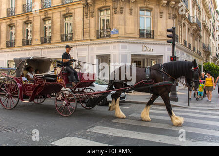 París, Francia, Turistas montando en coche de caballos y carruaje, cerca de tiendas de marcas de moda de lujo, dior 30 avenue montaigne, gente de escena callejera parisina, animales urbanos de europa Foto de stock