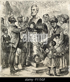 Antiguo grabado de 1872 de Harper's Weekly, Lincoln la emancipación, dibujado por C.S. Reinhart, mostrando una escena en la Ciudad de Nueva York en el aniversario de la aprobación de la 15ª Enmienda a la Constitución de los Estados Unidos. Foto de stock