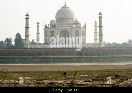 Agra, Utar Pradesh, India. Taj Mahal desde el otro lado del río Yamuna, la ubicación propuesta de la nunca negro construido Taj. Foto de stock