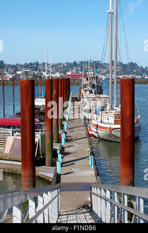 Una larga plataforma y postes de acero alcanza a acomodar los barcos y lobos marinos Astoria de Oregon. Foto de stock