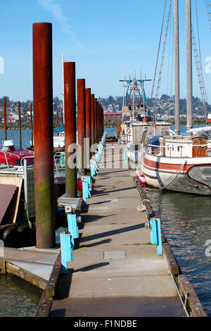 Una larga plataforma y postes de acero alcanza a acomodar los barcos y lobos marinos, Astoria de Oregon. Foto de stock