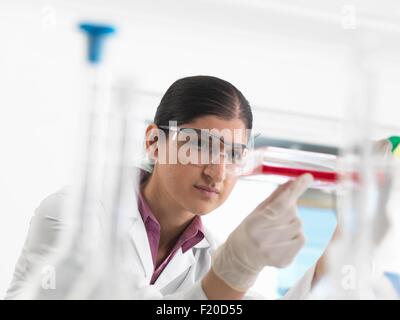 El biólogo hembra en laboratorio, sosteniendo un frasco que contenga células madre Foto de stock