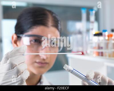 Investigadora de extracción de muestras de ADN hisopo para las pruebas genéticas en el laboratorio