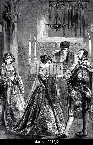 El matrimonio de Enrique VIII con Anne Boleyn en el 25 de enero de 1533. El 23 de mayo de 1533, Thomas Cranmer declaró nulo y nulo el matrimonio de Enrique y Catalina, pero cinco días después declaró que el matrimonio de Enrique y Ana era bueno y válido. Foto de stock