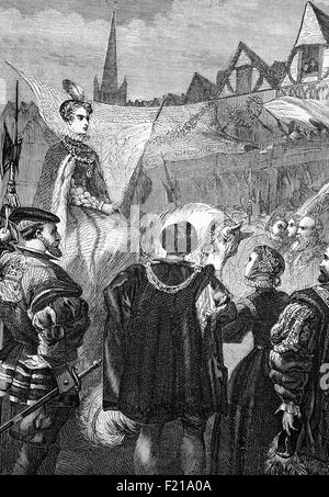 El progreso triunfal de la Reina Isabel I (1533-1603) a través de la ciudad de Londres en la víspera de su ceremonia de coronación. Fue recibida de todo corazón por los ciudadanos y saludada por las oraciones y los concursos, la mayoría con un fuerte sabor protestante. Las respuestas abiertas y corteses de Elizabeth la cautivaron a los espectadores, que fueron "maravillosamente raptados". Al día siguiente, 15 de enero de 1559, Isabel fue coronada y ungida por Owen Oglethorpe, obispo católico de Carlisle, en la Abadía de Westminster el 15 de enero de 1559. Foto de stock