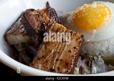 Vientre de cerdo con huevo frito y arroz, close-up