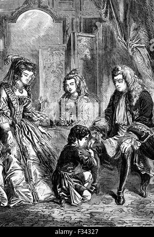 La primera entrevista de Horacio Walpole, 4º Conde de Orford y el hijo menor del Primer Ministro Británico Sir Robert Walpole, con el Rey Jorge I en 1725. Foto de stock