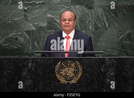 Nueva York, NY, EE.UU. 29 Sep, 2015. El Presidente yemení Abd-Rabbu Mansour Hadi ocupa el 70ª período de sesiones de la Asamblea General de las Naciones Unidas en la sede de las Naciones Unidas en Nueva York, el 29 de septiembre, 2015. Crédito: Foto ONU/CIA/Pak/Xinhua Alamy Live News Foto de stock