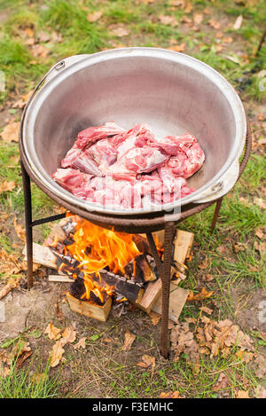 Raw guiso de cordero cocinado en un picnic Foto de stock