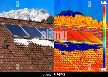 Infrarrojos y verdadera imagen de paneles solares fotovoltaicos en el techo Casa Foto de stock