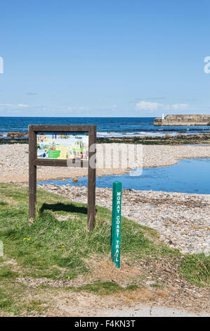 Mirando al oeste a lo largo de la playa y a la bahía de Cullen, Information board, Moray, Escocia. Foto de stock