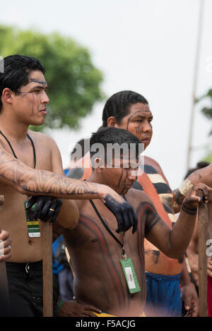 Palmas, Brasil. 30 de octubre de 2015. Competidores indígenas brasileños prepararse para el canotaje en el evento internacional de juegos indígenas, en la ciudad de Las Palmas, el estado de Tocantins, Brasil. Crédito: Sue Cunningham Photographic/Alamy Live News Foto de stock