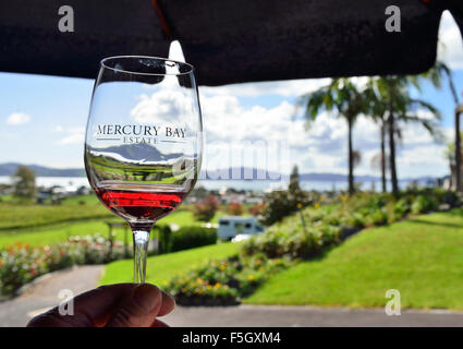 Comprobación del color del vino tinto en vidrio en la puerta de la bodega de la finca Mercury Bay, Purangi Road, Cooks Beach, Whitianga, Península de Coromandel, Nueva Zelanda Foto de stock