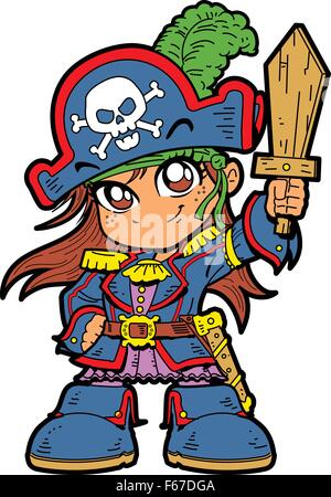 Pequeña Muchacha Del Pirata En Pañuelo Y Medias Amarillas Rayadas Que  Sostienen La Espada, Machete, Ejemplo Del Vector De La Historieta Aislado  En El Fondo Blanco. Niño, Niña En Traje De Pirata