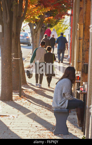 La gente bebe cerveza y caminar en el centro de Asheville, NC en una tarde de otoño tardío Foto de stock