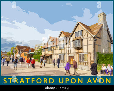 Ilustración estilo un póster de una fotografía del lugar de nacimiento de Shakespeare, Stratford upon Avon, Warwickshire, Inglaterra, Reino Unido. Foto de stock