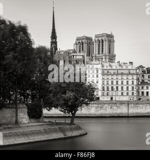 Punta de Ile Saint Louis y torres y aguja de la catedral de Notre Dame de París (Ile de la Cite) a lo largo de la orilla del río Sena