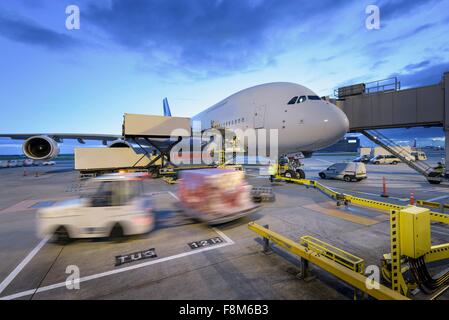 Anochecer sobre aviones A380 en el stand en el aeropuerto con vehículos terrestres en movimiento