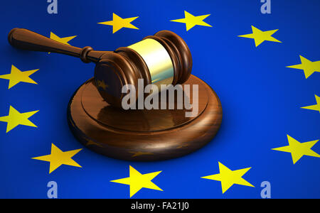 La legislación comunitaria de la Unión Europea, sistema jurídico y el Parlamento con un concepto 3D Render de un martillo y la bandera de la UE en segundo plano. Foto de stock
