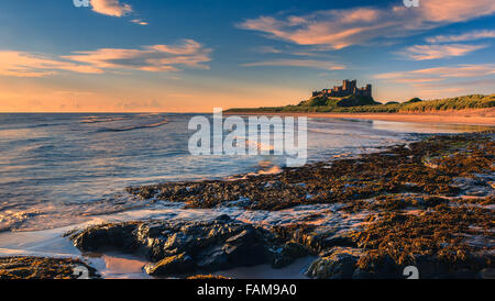 Bamburgh Castle al amanecer en la costa oriental de Northumberland, Inglaterra.
