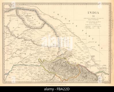 La India, Pakistán. El Punjab Garhwal Lahore Sirhind Cachemira China. SDUK, 1844 mapa Foto de stock