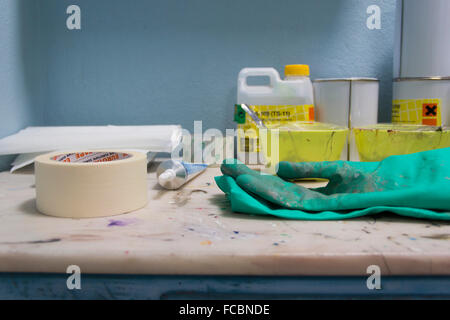 Lugar de trabajo, estaciones de trabajo, pintura, tintes, tinte, pintura, pintura, guante, manguito, Gauntlet, trabajo de escritorio, manualidad