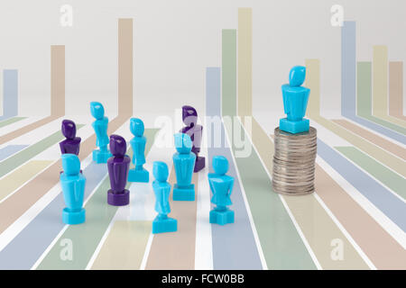 El liderazgo y la estructura corporativa concepto retratado con figuras masculinas y femeninas y monedas y gráfico de barras como fondo Foto de stock
