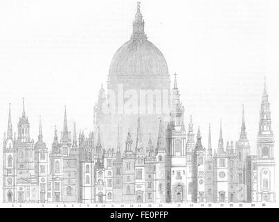 Londres: Christopher Wren: Iglesias, St Pauls frente, grabado antiguo 1845 Foto de stock