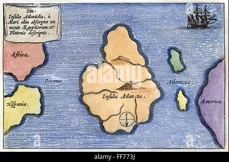 Mapa de la Atlántida, de 1678. /NAtlantis como una gran isla a medio camino entre los pilares de Hércules, y Estados Unidos está representado en este mapa de Athanasius Kircher's "mundus Subterraneus", 1678.