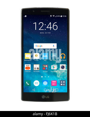 Pantalla de inicio en un LG G4 5,5 pulgadas smartphone Android ejecutando Android 6 Marshmallow Foto de stock