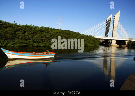 Barco de pesca y el puente suspendido de ostras de Río
