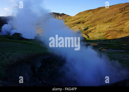 Las aguas termales y el vapor, ventilación montañas Hengill, Hveragerdi, SW Islandia Foto de stock