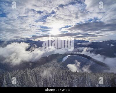 Un alto ángulo de visualización Misty Mountain paisaje boscoso, Ammergauer Alpes, Oberammergau, Baviera, Alemania