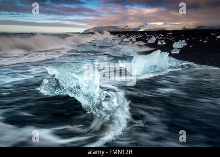 Icebergs arrastrados en la playa volcánica de Fellsfjara, cerca de Jokulsarlon, en el sur de Islandia Foto de stock
