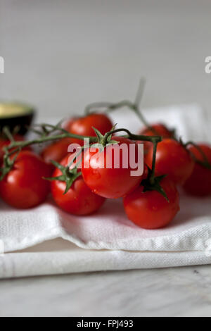 Cerca de tomates cereza roja sobre la vid