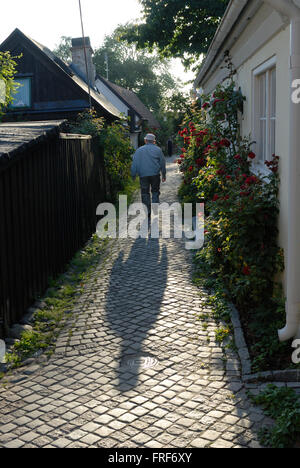 : Viking isla de Gotland. - 05/08/2007 - Europa - Un residente de Visby caminando sobre un precioso callejón florido en Visby. - Laure Foto de stock