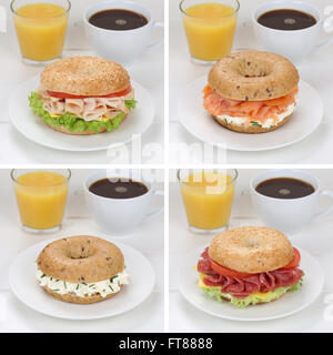 Colección de bagels sándwich para desayunar con jamón, salmón, pescado, queso crema, tomates, lechuga, jugo de naranja y café