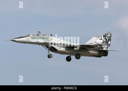 La Fuerza Aérea de la República Eslovaca Mikoyan-Gurevich MiG-29, aviones de combate de la UB Foto de stock