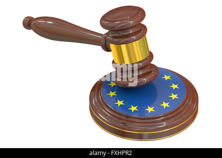 Martillo de madera con la bandera de la Unión Europea, 3D rendering Foto de stock