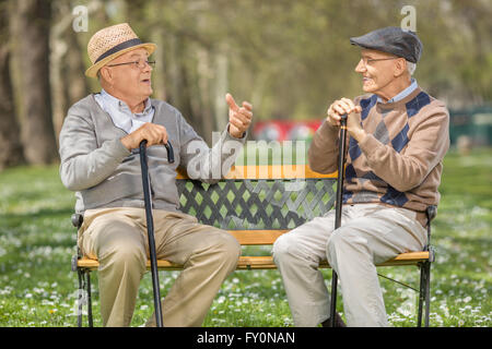Dos alegres altos señores hablen entre sí, sentados en un banco en un parque Foto de stock