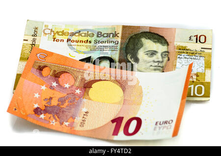 Clydesdale Bank £10 Nota de Escocia con €10 Euro. Foto de stock