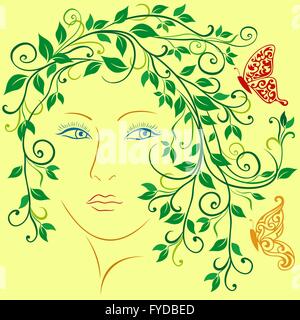 Resumen de retrato femenino con swirl vid ramitas, hojas y mariposas en el cabello, coloridos ilustración vectorial