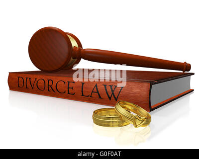 Ley de divorcio Libro Martillo y bandas de boda Foto de stock