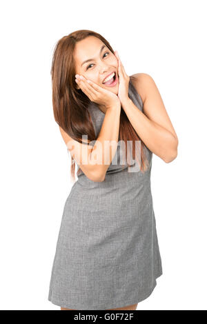 Mujer Asiática Eurphoric reaccionando Noticias feliz mitad Foto de stock